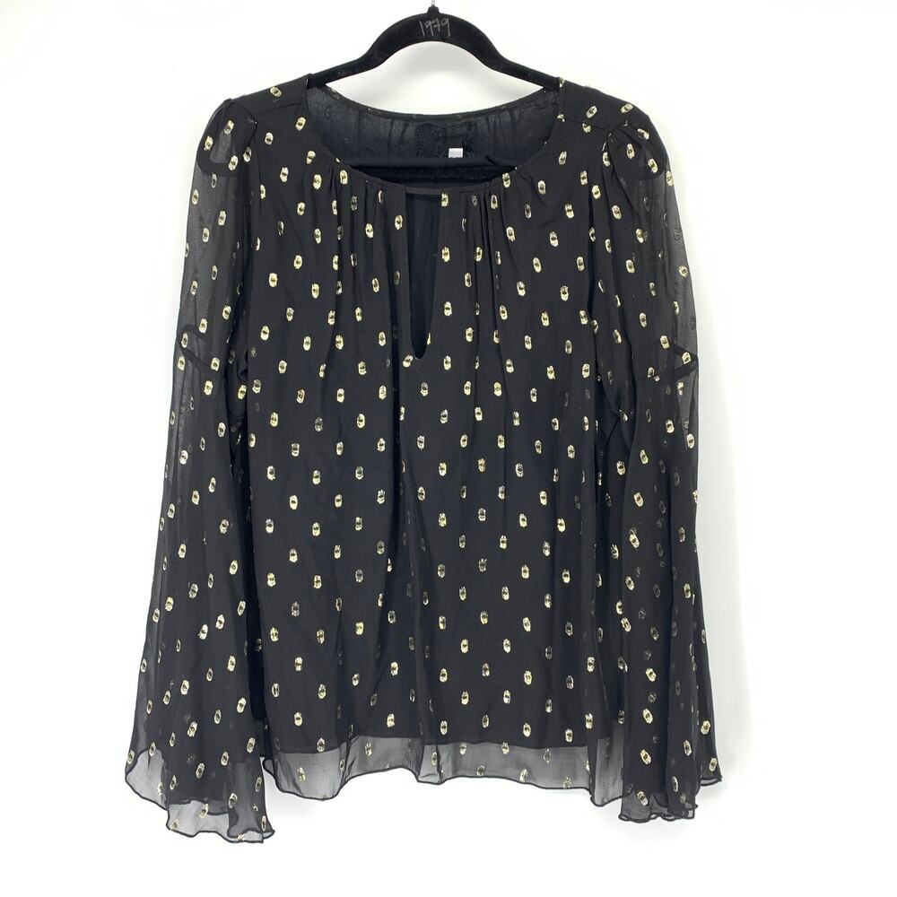 Love Johnny Was Bianca V-Neck Metallic Silk Blouse Sz M Black Gold Bell Sleeve